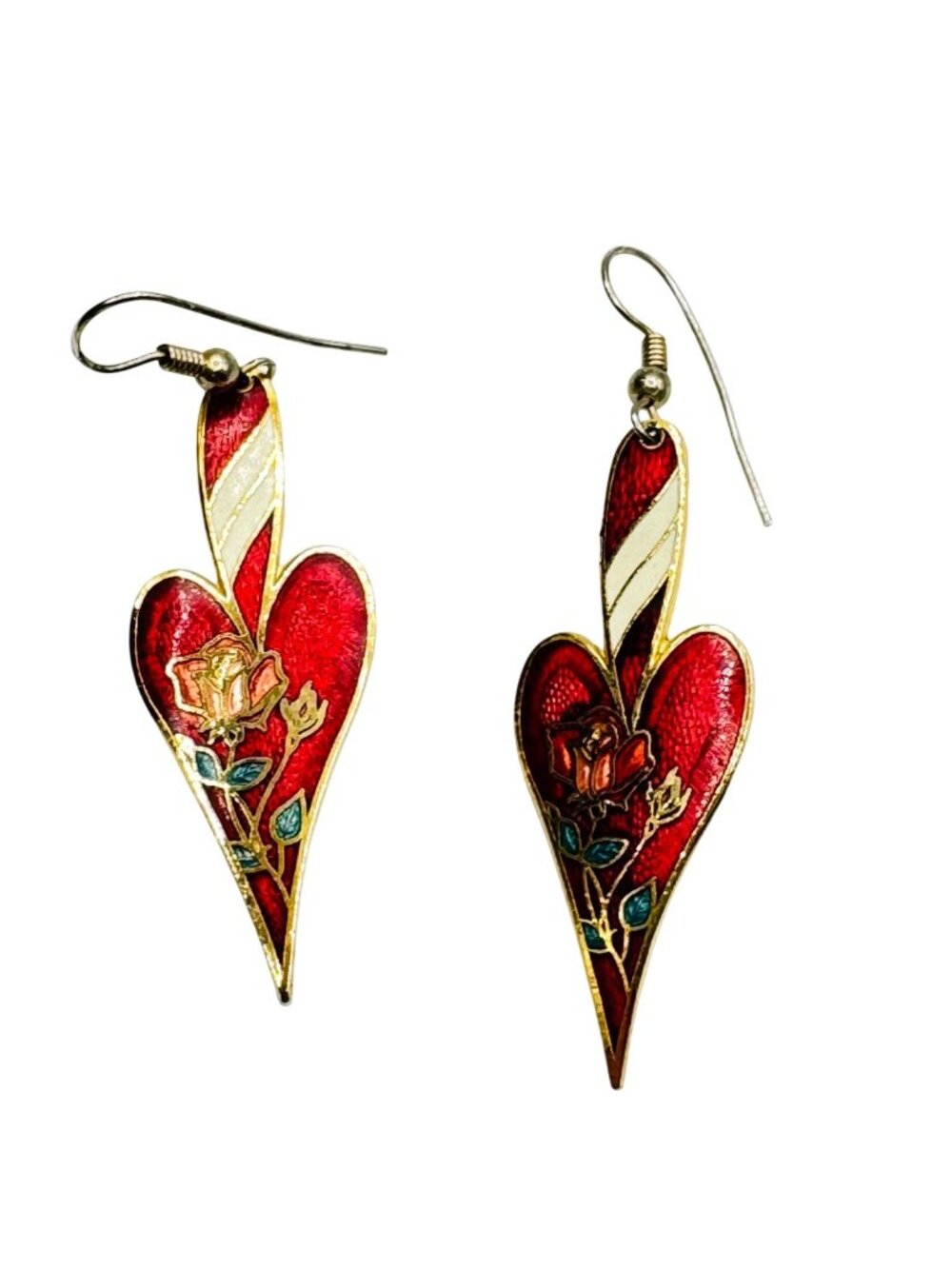Cloisonne Heart Earrings With Flower Pattern